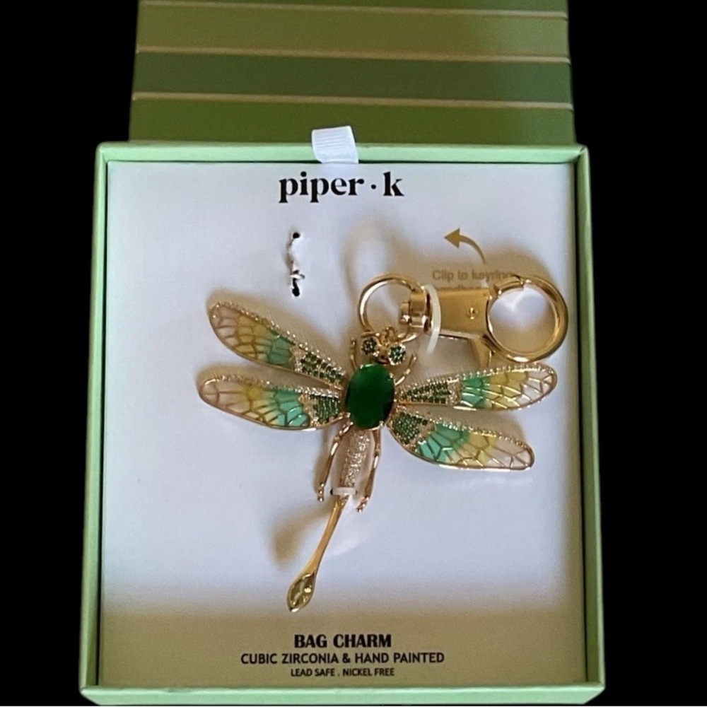 PIPER K Dragonfly Gold Hand-Painted with CZ Articulated Wings Bag Charm NEW NWT - Picture 2 of 15